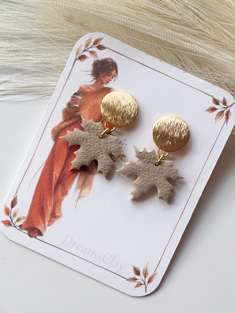 Gold Disc and Beige Leaf Drop Earrings